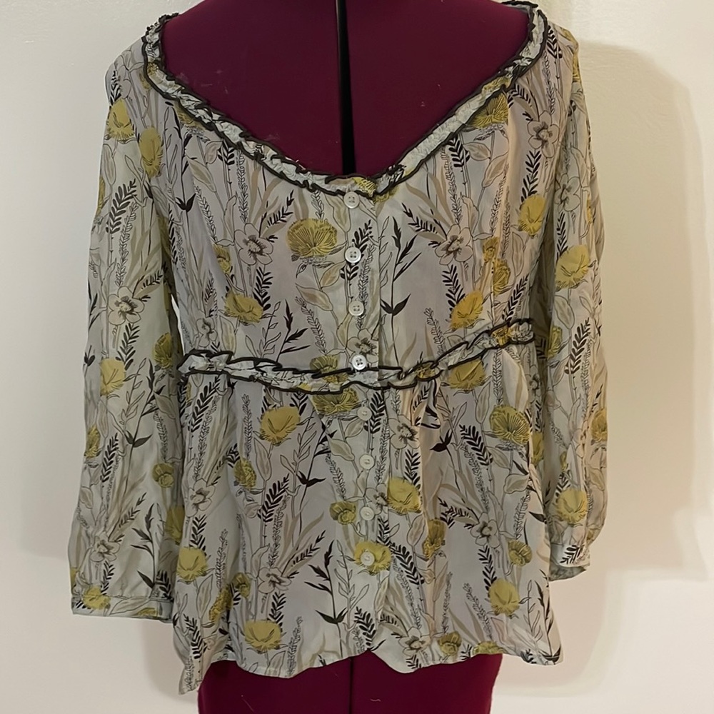 Anthropologie vintage silk viloa yellow grey floral balloon puff sleeve blouse 4